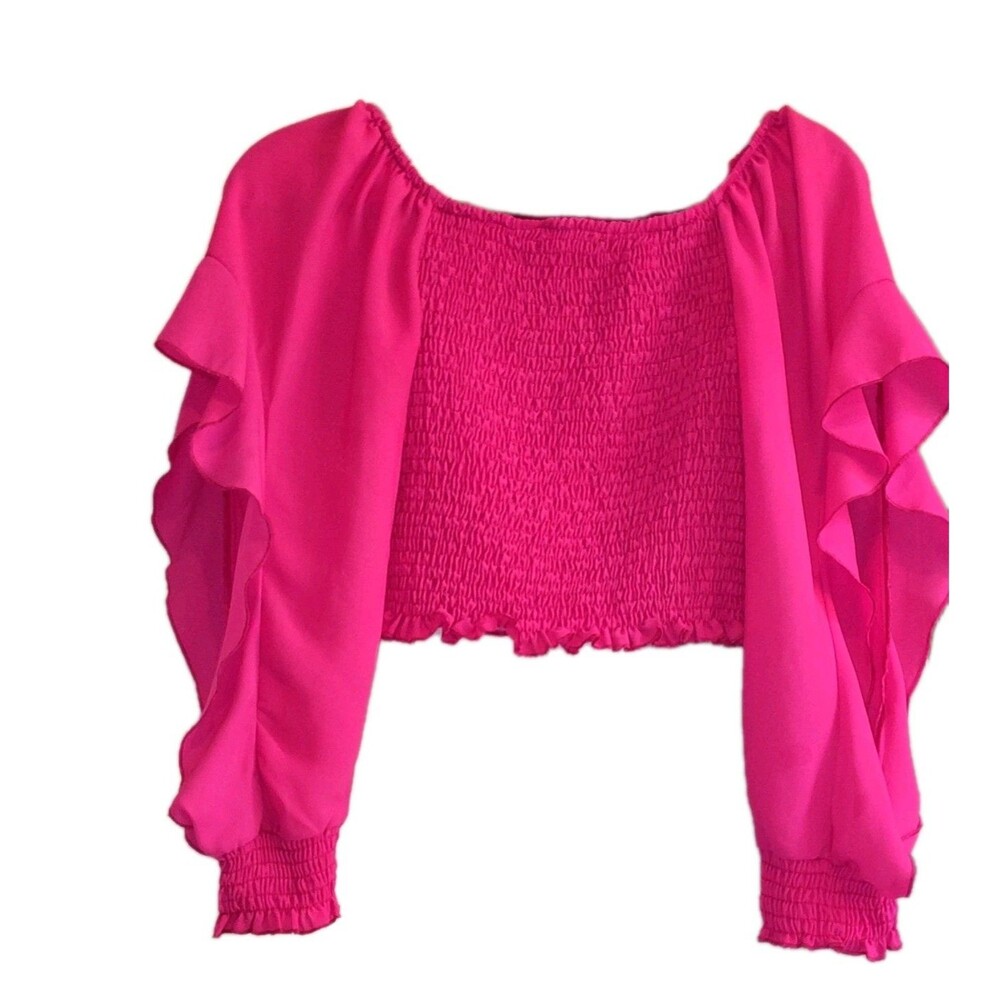 MARIA JOSÉ Hot Pink Smocked Ruffle Sleeve Off-The-Shoulder Crop Top M/G - Picture 12 of 12
